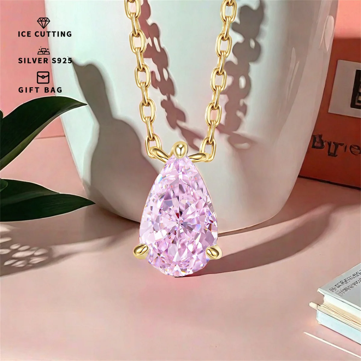 S925 silver plated platinum and golden High carbon ice flower cut Pink pear Zircon women's pendant necklace fine jewelry gift