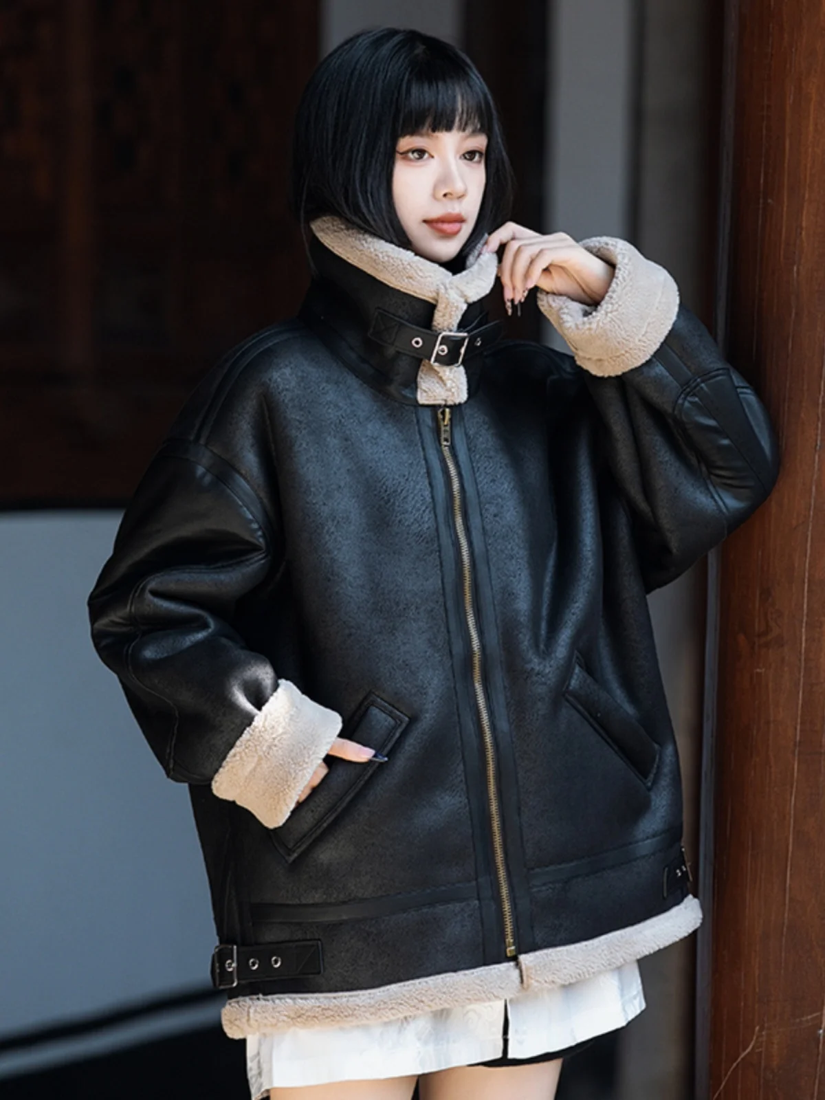 

Resurrection Sle Korean Loose Lamb Fur Jaet Women's Winter Thiened Biker Leather Coat Bla Cotton Clothes for Men