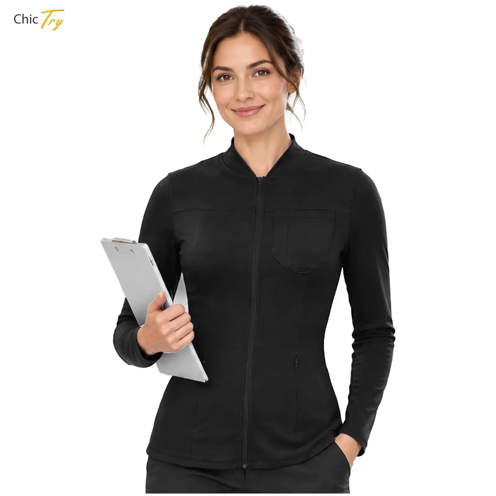 Women Nurse Scrub Jacket Shirt Top Long Sleeve Zipper Front Top Outerwear with Pockets Daily Life Sports Medical Work Uniforms