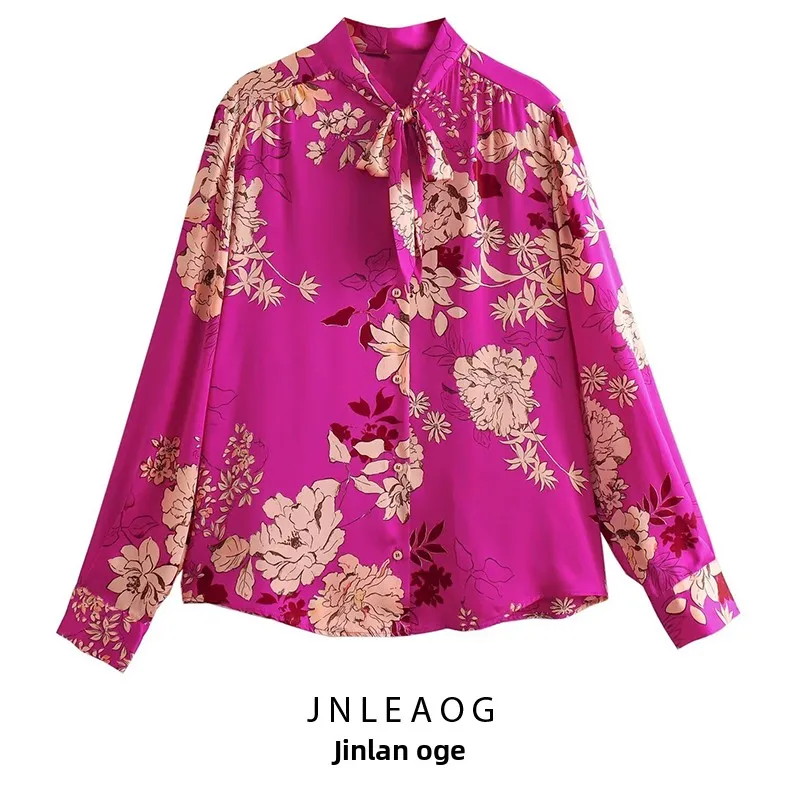 

JNLEAOG Faionable Casual Silk Satin Feel Printed irt Women's Autumn New Sle Loose Fit Polyester Long Sve Blouse