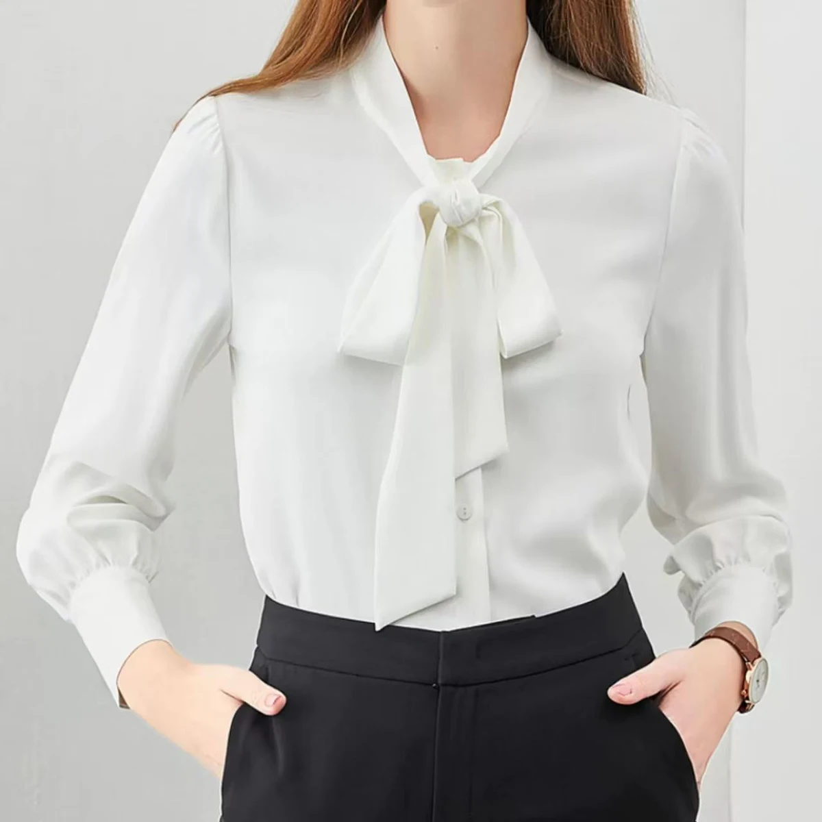 

Осенняя элегантная блузка во французском стиле с бантом и лентой, шикарная офисная женская одежда, простые белые топы, модная женская одежда, шикарная одежда