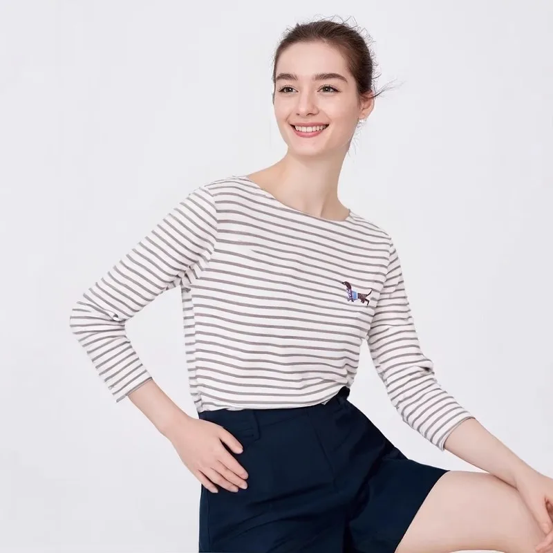 Dachshund Embroidered Stripesd Round Neck Women's Pure Cotton Long-Sleeved T-Shirt Spring & Fallжug Bet Футбо (30) Впылоску