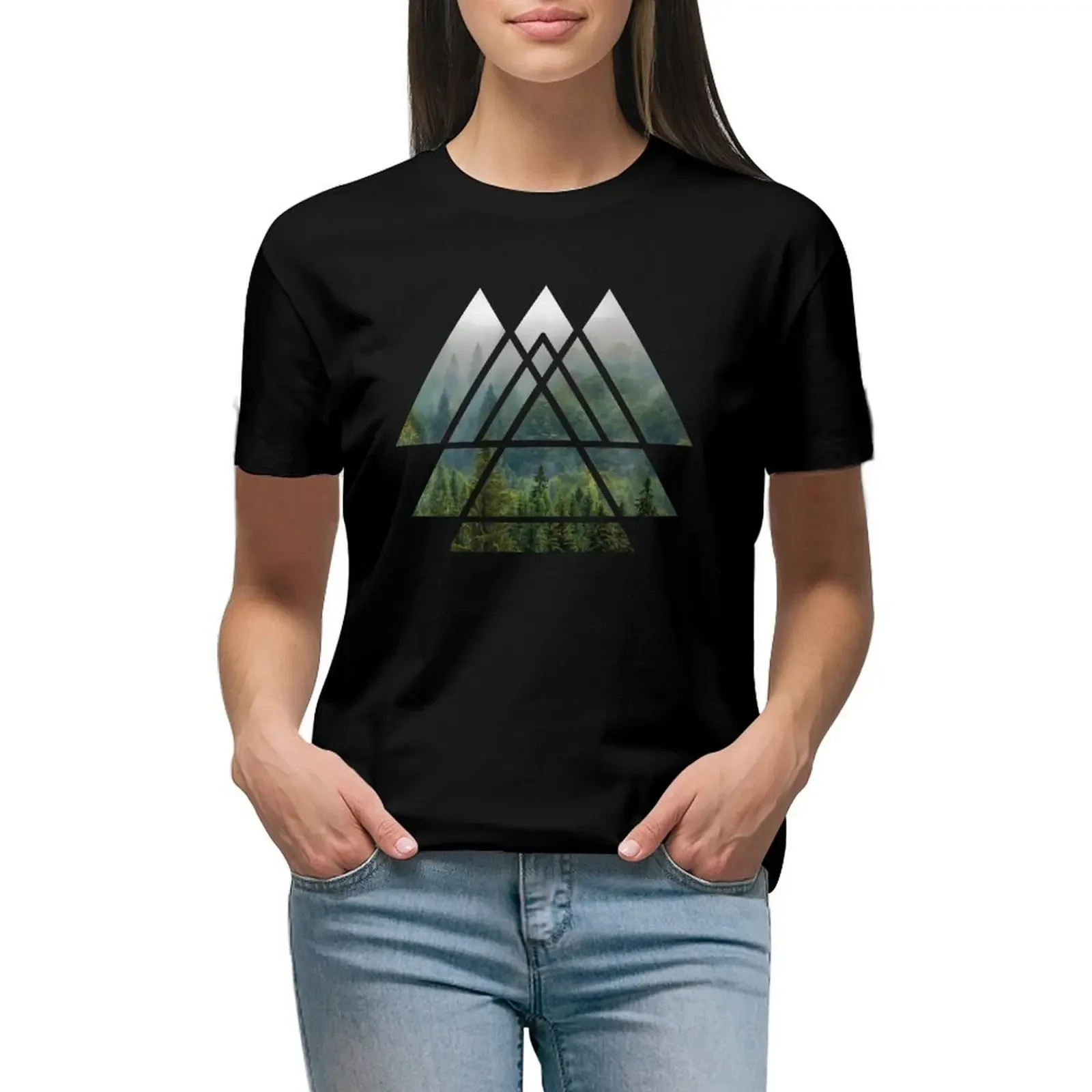 Sacred Geometry Triangles - Misty Forest T-Shirt quick-drying animal print plus size t shirts for Women loose fit