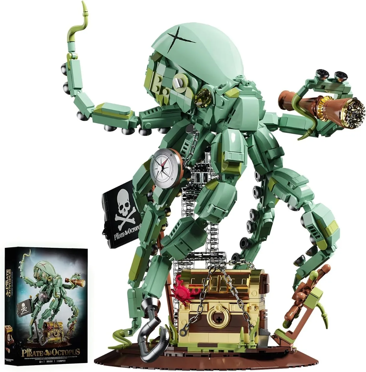 Creative DIY Pirate Kraken Octopus Model 1128PCS, Deep Sea Captain Legendary Monster Assembly Figurine Set, Collection Display