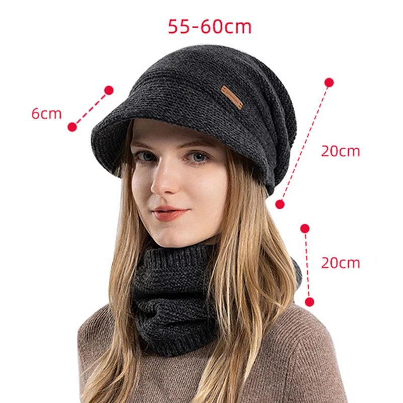 Winter Knitted Hat Scarf Set for Women Thickened Fleece Lining Beanies Short Brim Plush Bonnet Outdoor Windproof Warm Riding Cap