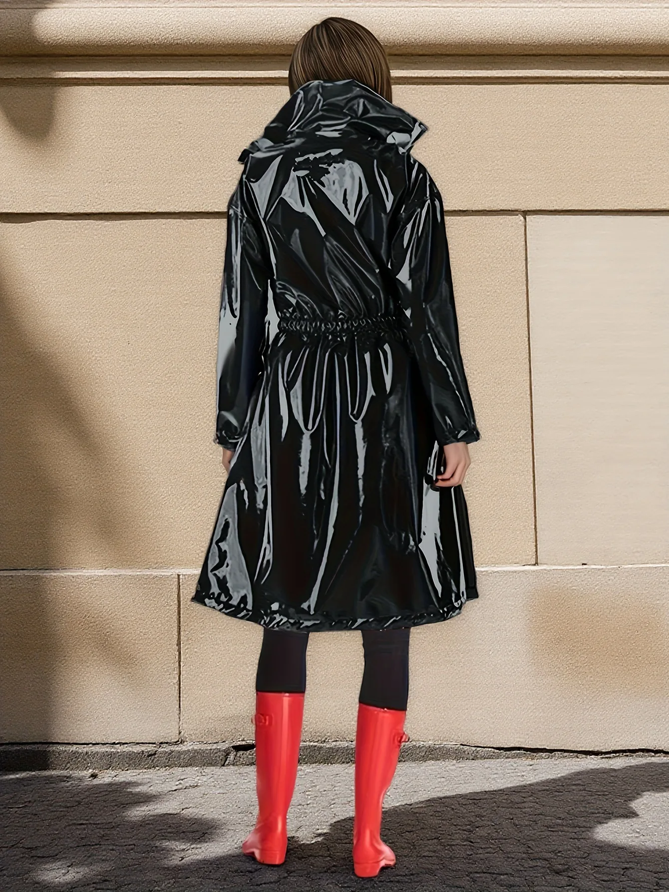Adults Womens Long Trench Coat Blazer Clubwear Wet Look PU Leather Notched Lapel Open Front Long Sleeve Jacket PVC Costume view 5