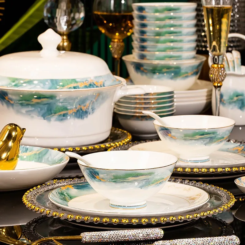 Jingdezhen Light Luxury Ceramic Dish Set Bowl Plate Combination Full Set    ware for Gift Wholesale