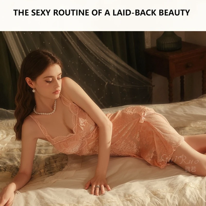 Velvet Jacquard Mesh Lace Splicing with Chest Cushion Sexy Bareback Strap Sleeping Skirt Outer Robe Set