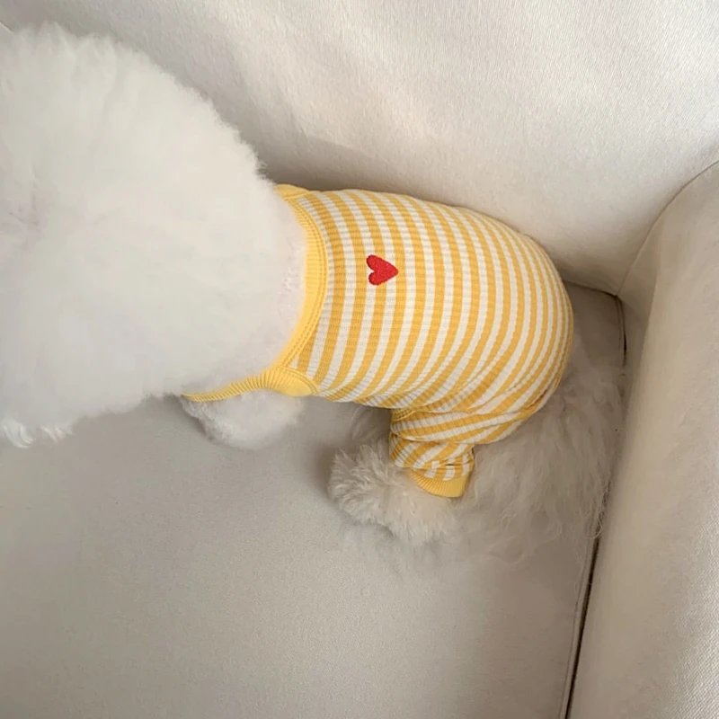 Sarı Çizgili Köpek Giysileri Yaz Ince Bodysuit Pet Nefes Taşıyıcı Pantolon Teddy Bichon Frise Dört Bacak Elbise