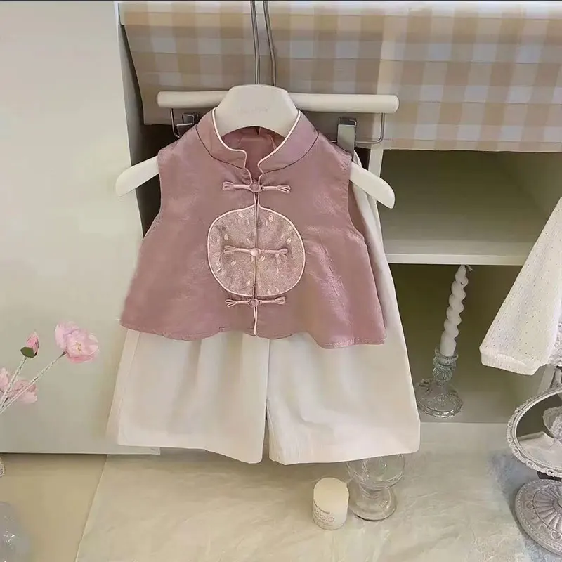 2-7Y Girls Set Summer Children Plate Button Embroidered Tang Dynasty Vest+Wide Leg Pants Two Piece Set