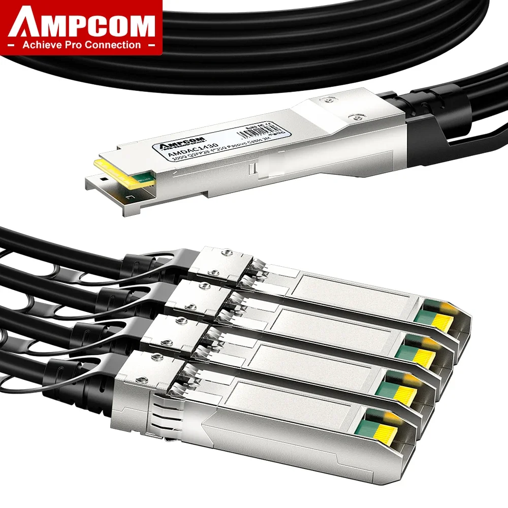 AMPCOM 100G QSFP28 to (x4) 25G SFP28 Passive Direct Attach Copper Breakout Cable, DAC 100G to 4x 25G for Cisco, Mikrotik etc.