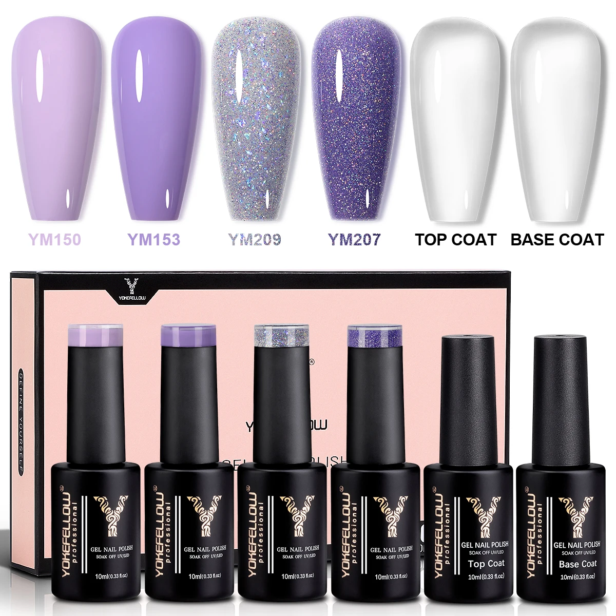 YOKEFELLOW Gel Polish Nail Set 6Colors Romantic Garden Purple Glitter With Top Base Coat Spring Macaron Purple Summer Gel Polish