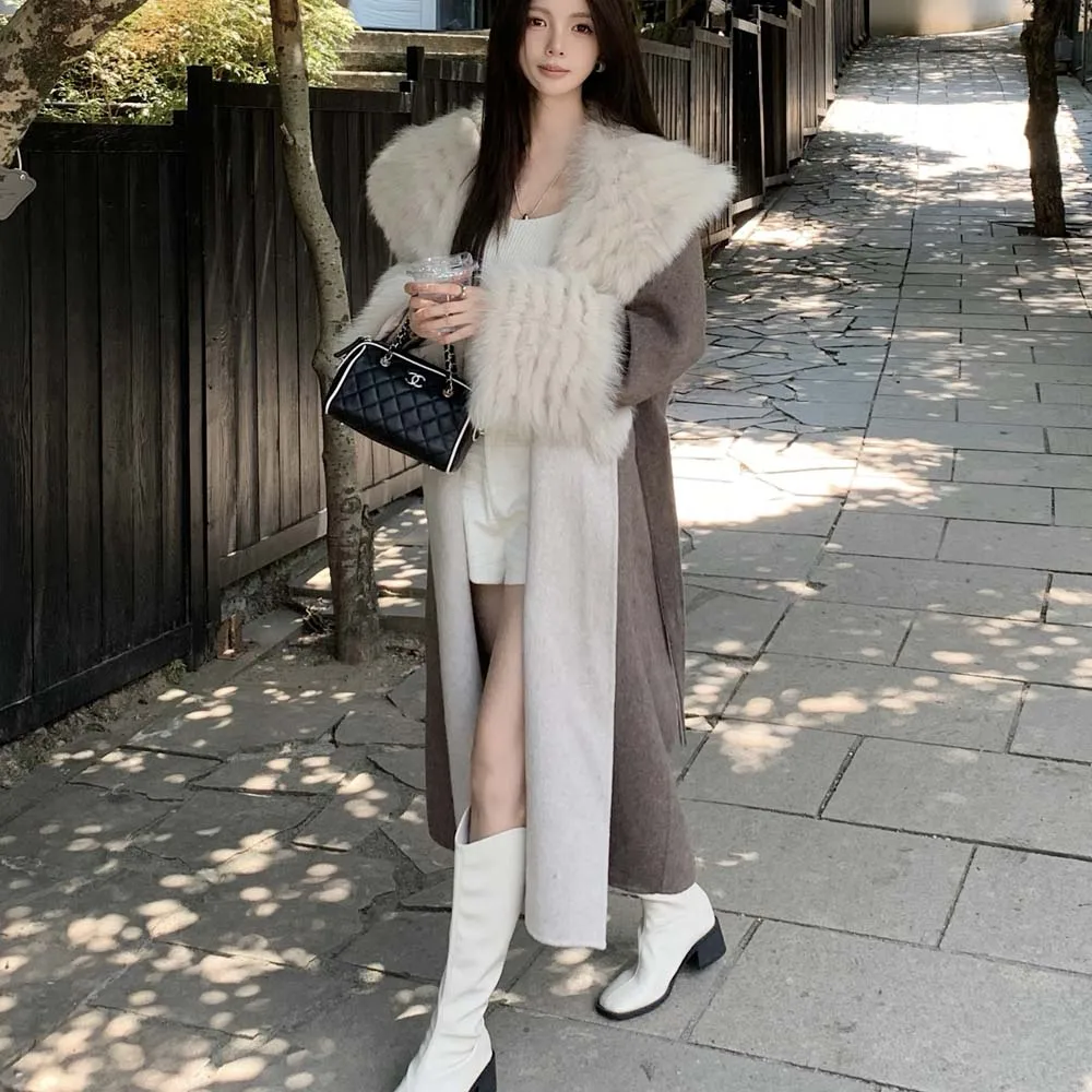 معطف شتوي حقيقي لعام 2025 بياقة من فرو الثعلب الطبيعي معطف فرو من صوف الكشمير سترة صوفية للسيدات ملابس خارجية معطف نسائي #4