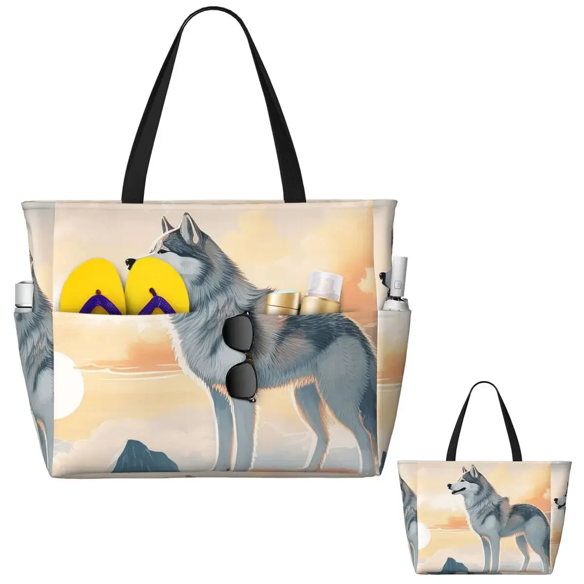 Siberian Husky In The Mountains Beach Tote Bag Sport Gym Yoga Duffle Large Tote Bag Women Travel Bag Fitness bag
