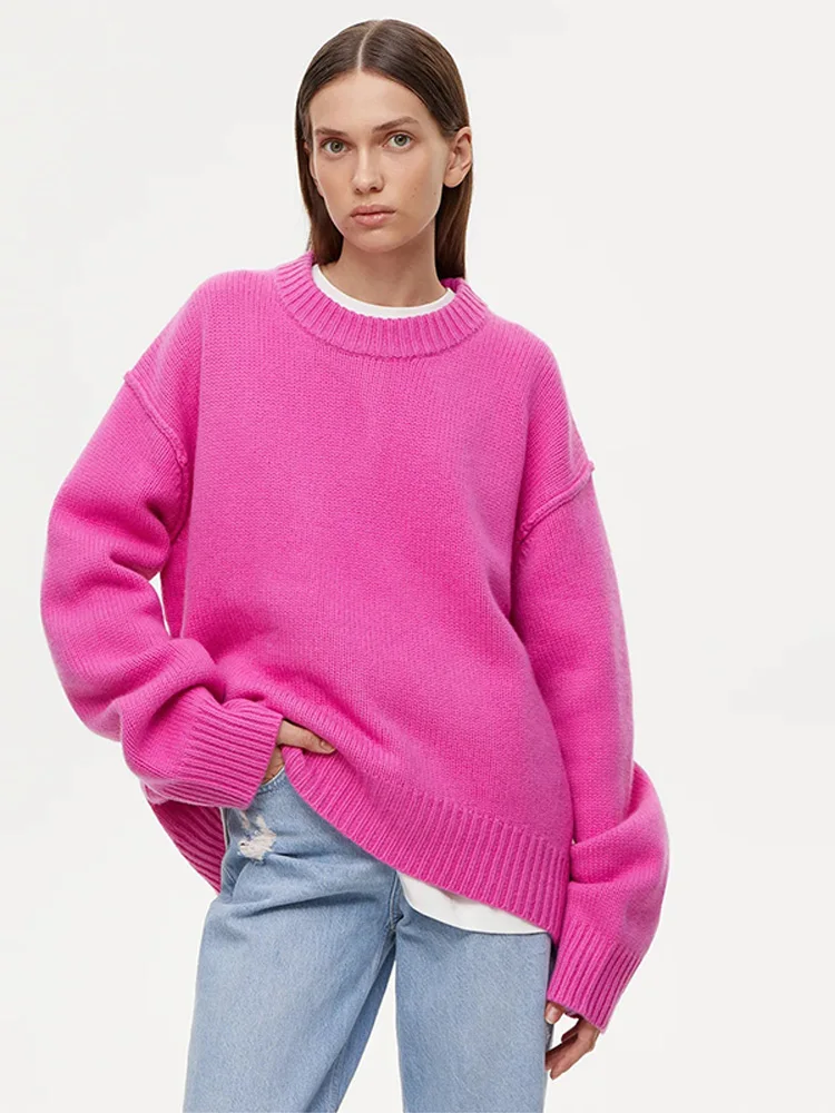 Jersey de punto con cuello redondo para mujer, Jersey holgado de manga larga, color rosa y rojo, a la moda, de gran tamaño, para invierno