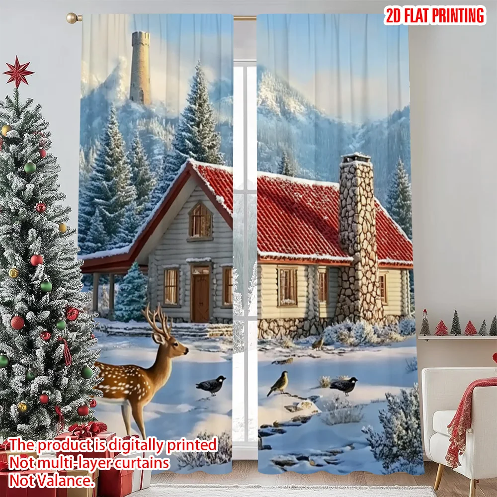 

2pcs 2D flat printing Christmas Window Curtains Cardinal Deer Versatile 100% Polyester Without Electricity Festive Wall Decor