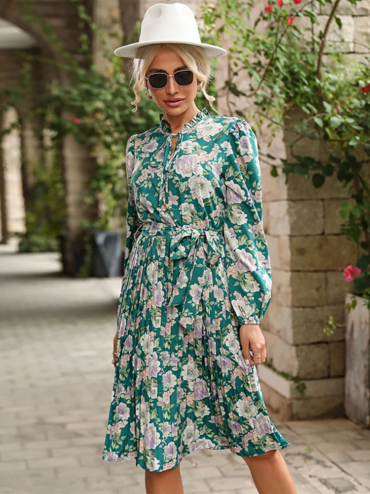 JIM & NORA Summer Women Green Floral Print Midi Dress With Belt Vintage Long Sleeved Dresses Elegant Female Outwear Vestidos