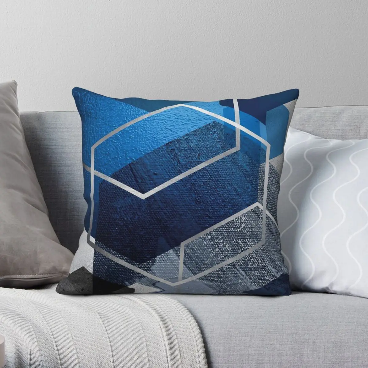 Blue Hexagonal Geometric 2 Square Pillowcase Polyester Linen Velvet Printed Zip Decorative Throw Pillow Case Bed Cushion Cover