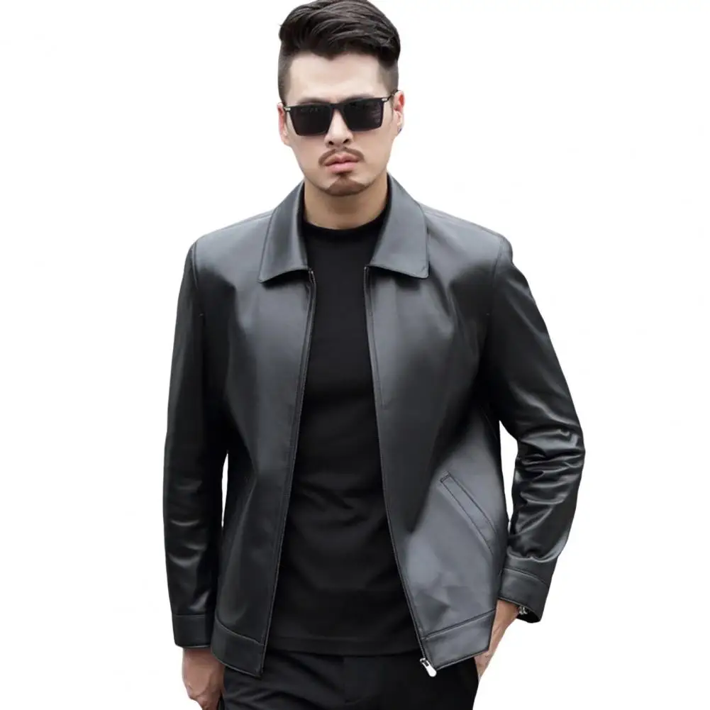 Men Stylish Faux Leather Coat Stylish Men's Slim Fit Faux Leather Biker Jacket with Zipper Pockets for Spring Autumn Vintage