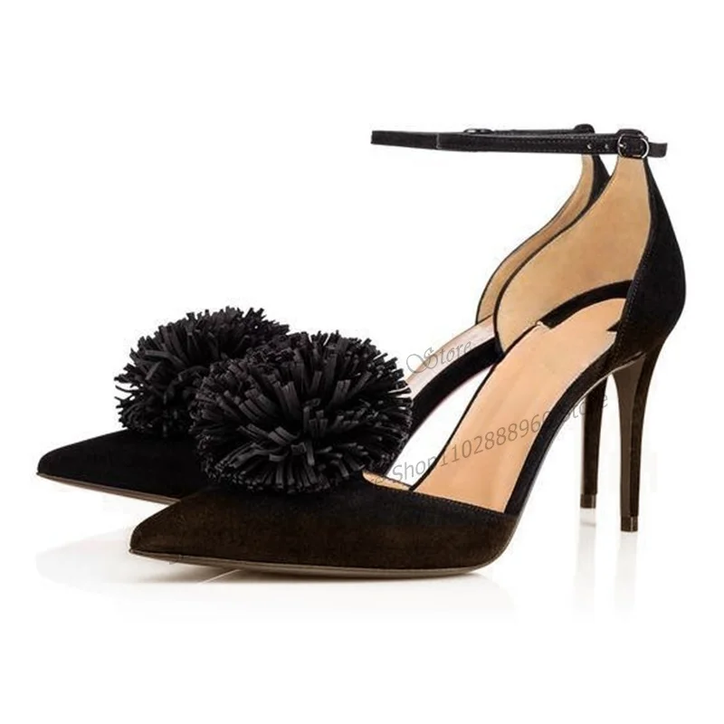 

Black Flock Shallow Fringe Ball Decor Sandals Thin High Heel Women Shoes Ankle Buckle Strap Pointed Toe 2023 Zapatos Para Mujere