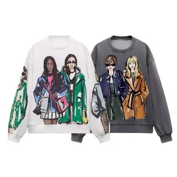 UNIZERA2024 Spring New Product Women's Fashion and Leisure Street Girl Printed Long sleeved Round Neck Sweater