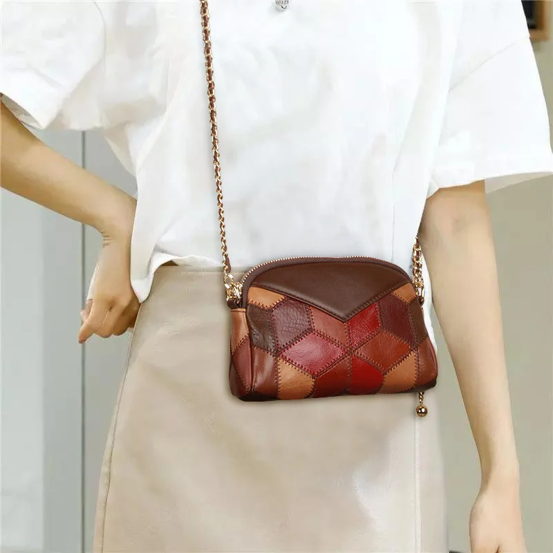 Vintage Chain Crossbody Bag Shoulder Packet Women Splicing Brand Designer Leather Fashion Summer Natural Cowhide Female Bags