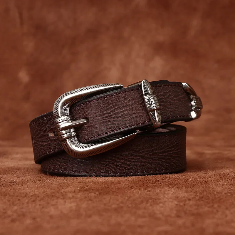 Ceinture rétro en cuir de vachette véritable pour femmes, ceinture fine avec structure à broches et motif concave, 2.4cm