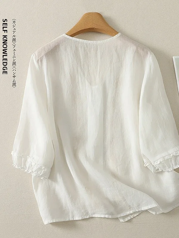 Retro V-neck Embroidered Shirt Five-quarter Sleeve Breathable Single-button Large Size Korean Japanese Style Artistic Loose Fit 4