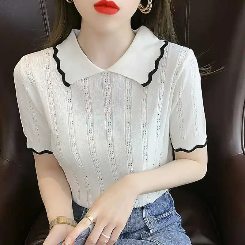 T-shirt Woman Purple Tops Polo Neck Shirts For Women Clothing Short Sleeve Tee White Knit Offer Trend Popular Aesthetic Luxury V