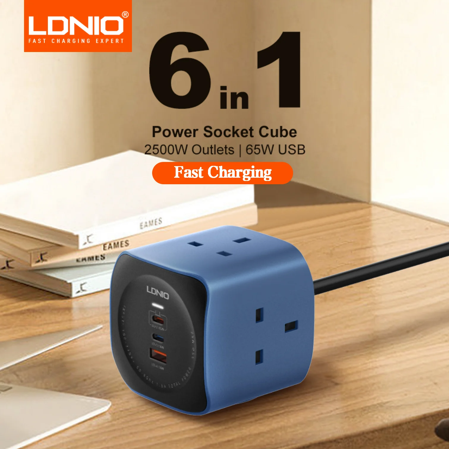 LDNIO 6 in 1 UK Power Strip 3 AC Outlets with 65W Fast Charging 2 USB C USB A Port Surge Protector 2m Extension Cord UK Plug