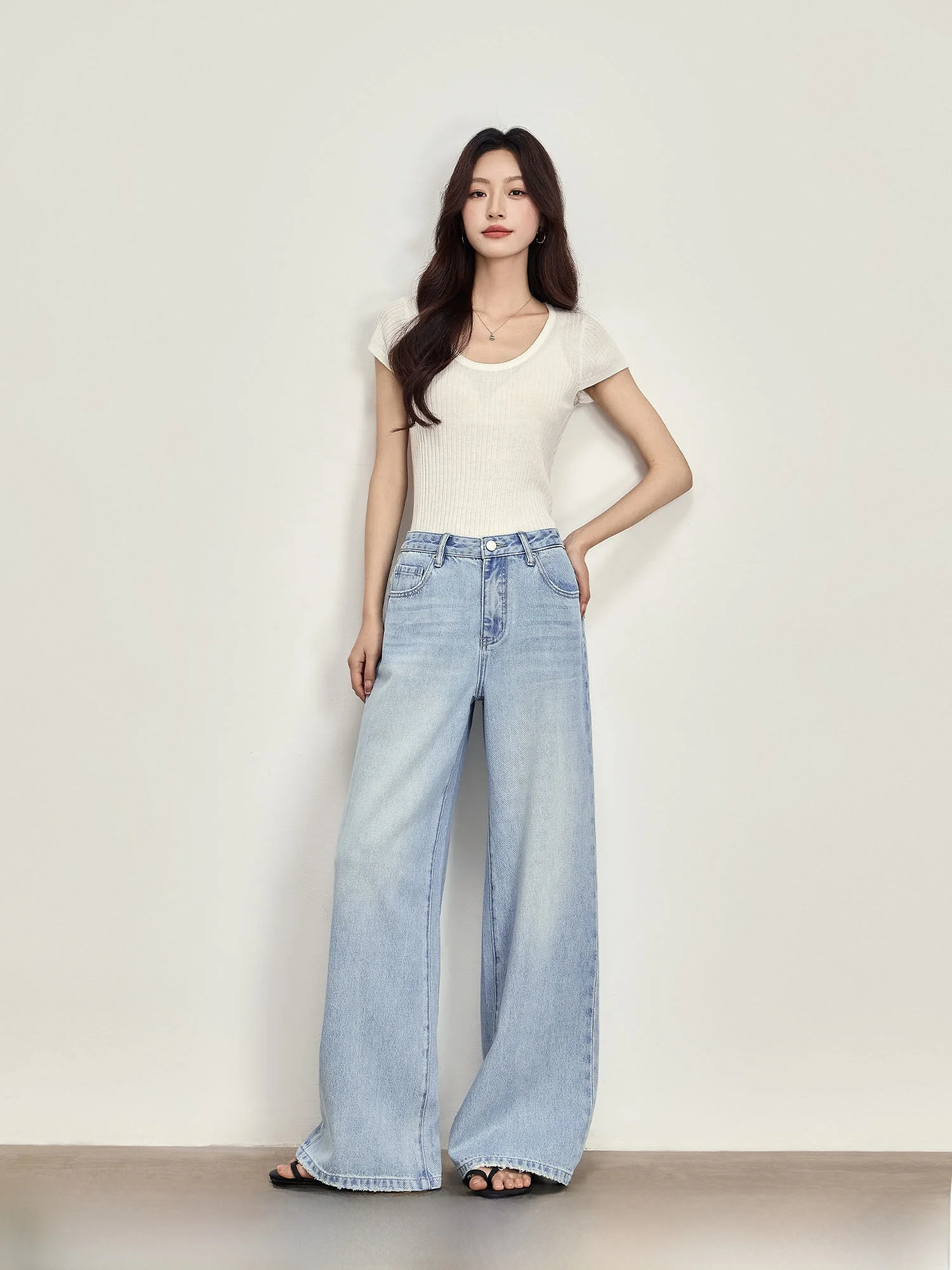 

Женские летние тонкие джинсовые брюки светло-голубого цвета, универсальные, свободные, с высокой талией, широкие штанины, из хлопка, повседневные