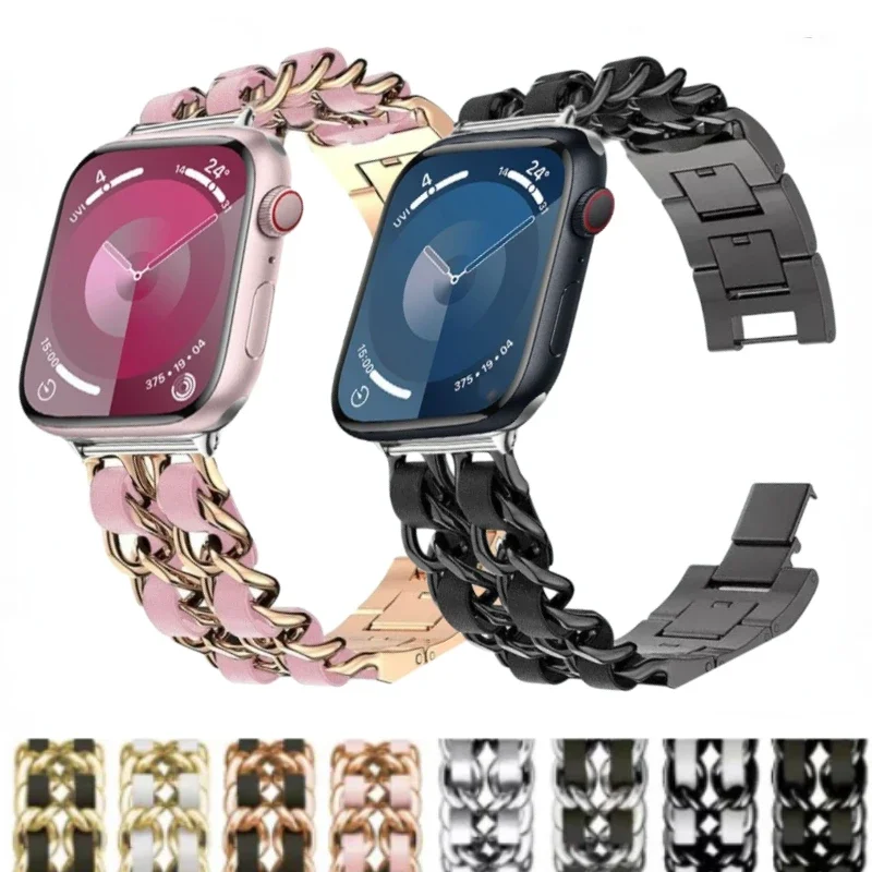 

Metal+chain Strap for Apple Watch Ultra 3 11 10 9 8 7 6 5 4 3 SE Women Wristband for 49mm 46mm 45mm 44mm 42mm 41mm 40mm Bracelet