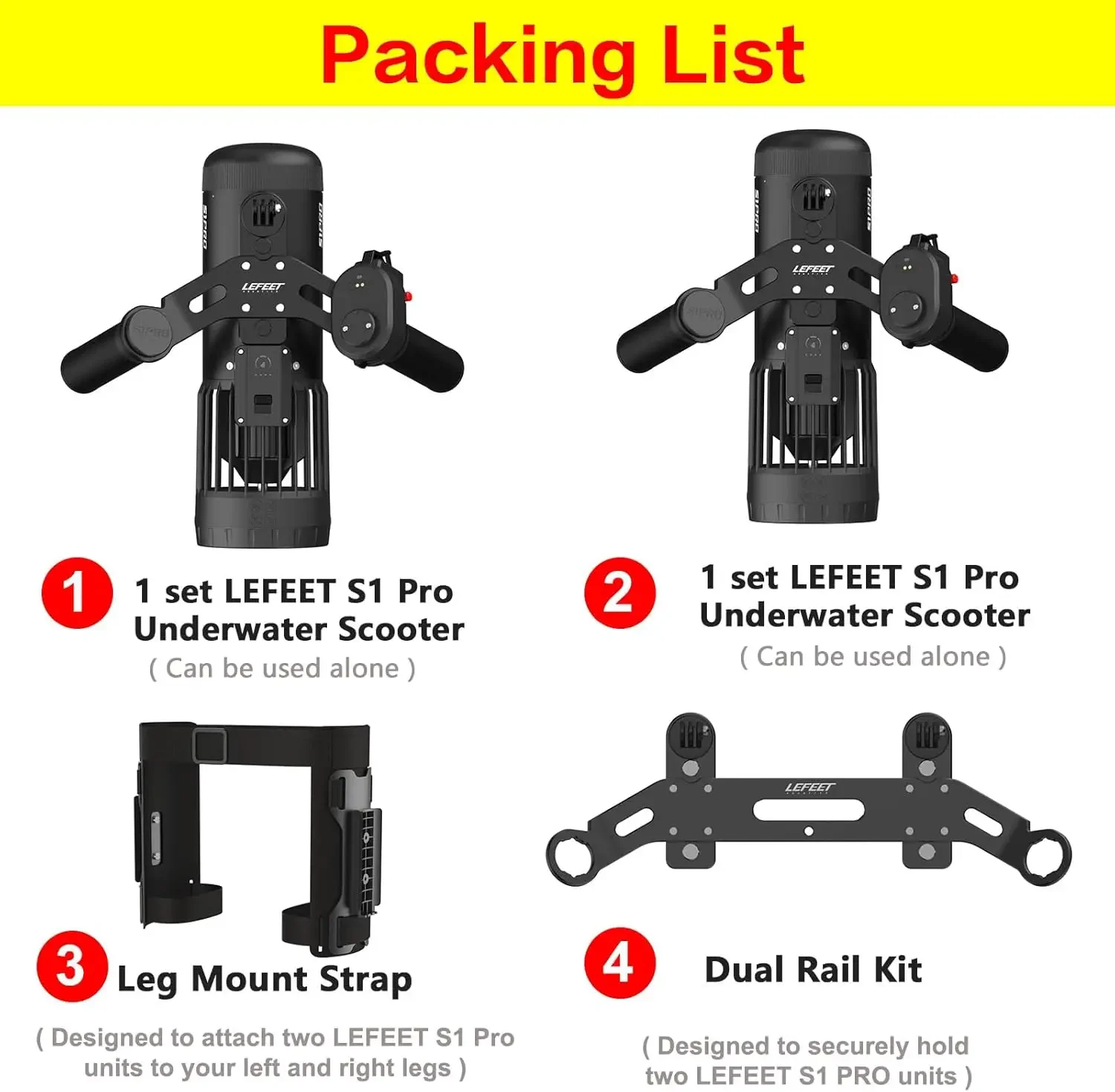 LEFEET S1 Pro Scooter Subaquática para Caça Marítima Pesca, Mergulho, Snorkeling, Natação (2 Set scooters + Rail Kit + Leg Strap)