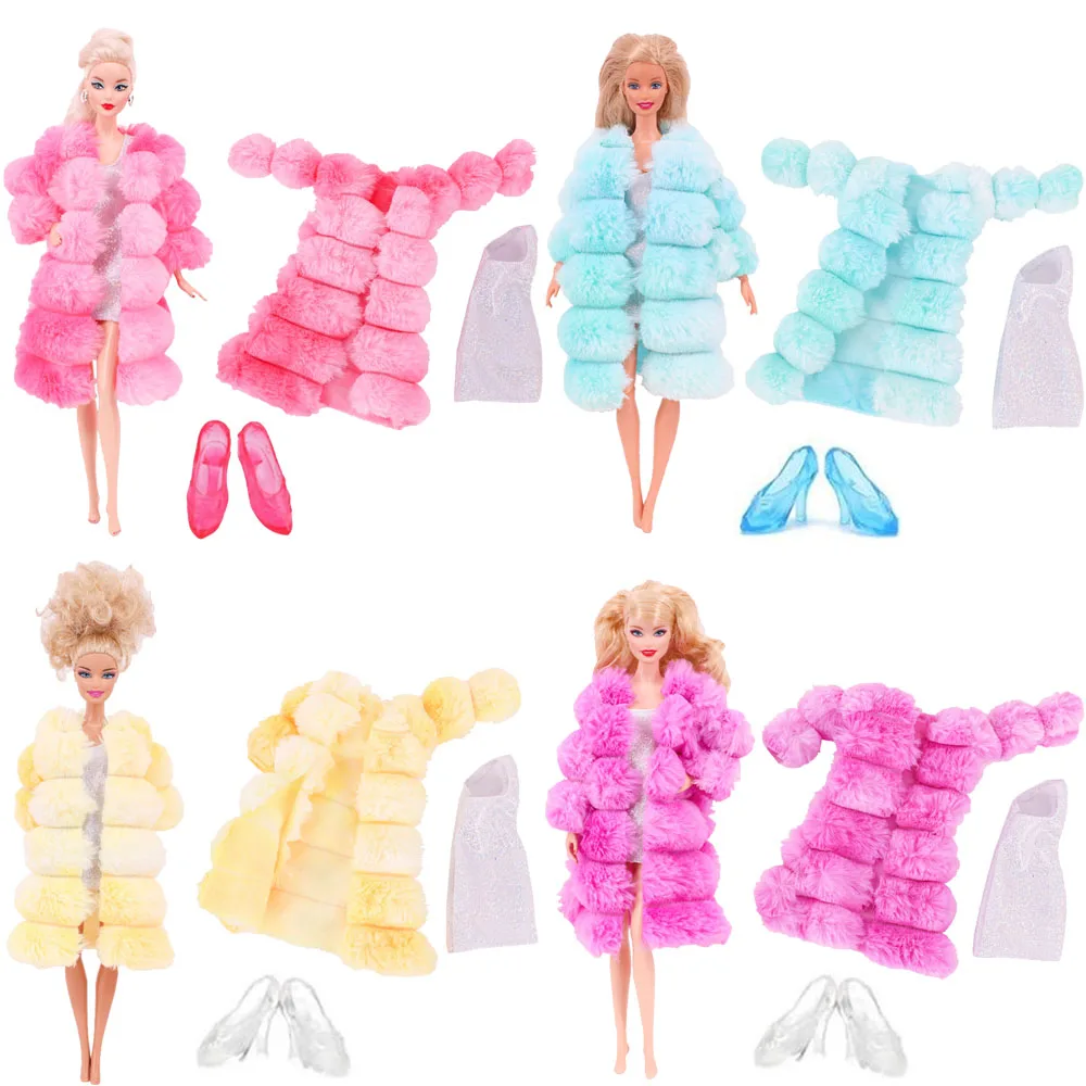 3Pcs/Set Plush Coat+Dress+High Heels Clothes Multicolor Long Sleeve Soft for Barbiees 11.8 inch Doll Clothes 1/6BJD barbis Gifts