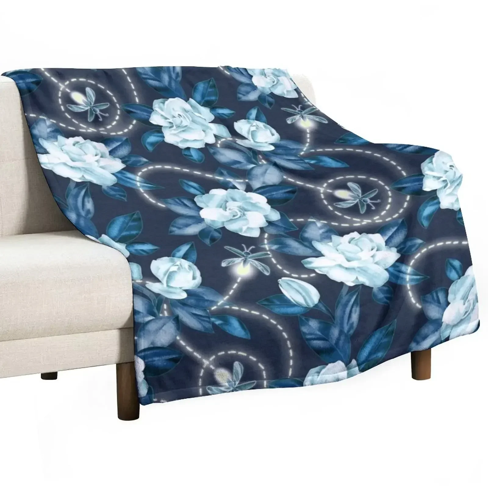 New Midnight Sparkles - Gardenias and Fireflies in Sapphire Blue Throw Blanket for babies Blankets For Sofas Blankets