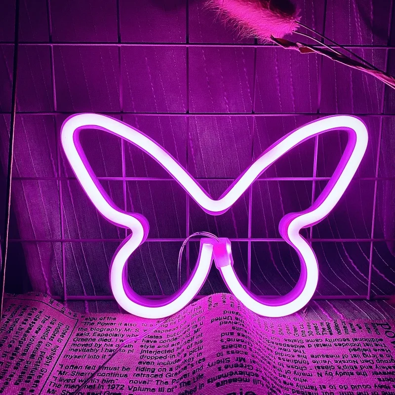 LED Butterfly Neon Sign Light USB/Battery Operated Night Light Wall Hanging Lamp Bulbs for Christmas Wedding Party Bedroom Decor