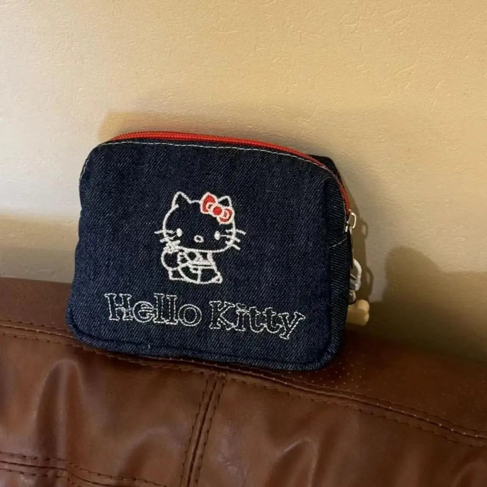 Sanrio Hello Kitty Cartoon Storage Bag Simple Retro Denim Embroidery Coin Purse Kitty Cat Card Package Lipstick Cosmetic Bags