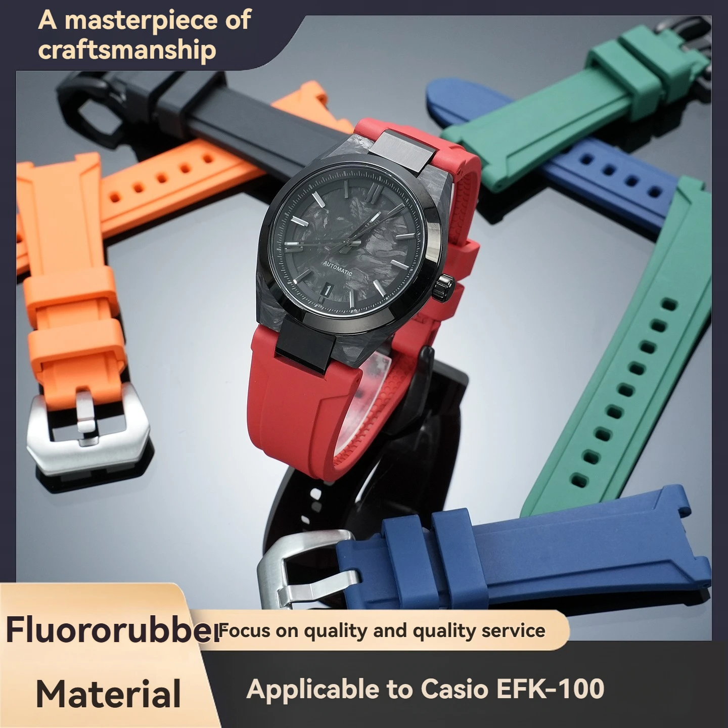 Waterproof and Sweat-Resistant FMK Notched Fluorocarbon Rubber Watch Strap, Notched Fit Style for Casio Edifice EFK-100