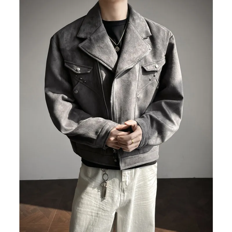 

Мужская замшевая куртка в американском деконструированном стиле, укороченная, с диагональной молнией, для города, мотоциклетная, рабочая, модная верхняя одежда