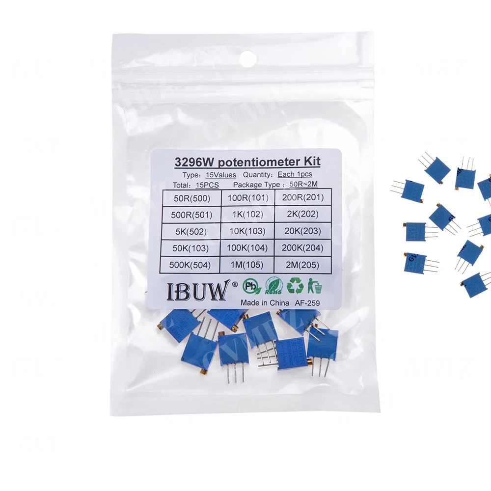 15PCS 15Values 3296W Potentiometer Kit (50R-2MΩ) for High-Precision Circuit Debugging & Electronic Device Calibration  20K 2K 2M