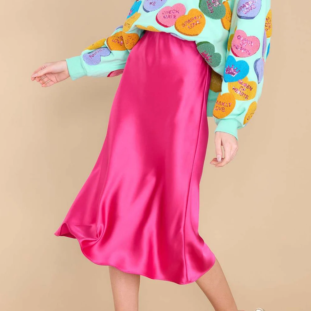 2023 Summer Women's Satin Skirt Elegant Purple A Line Shiny Skirt High Waist Mid-length Skirts Red Office Midi Skirts for Female
