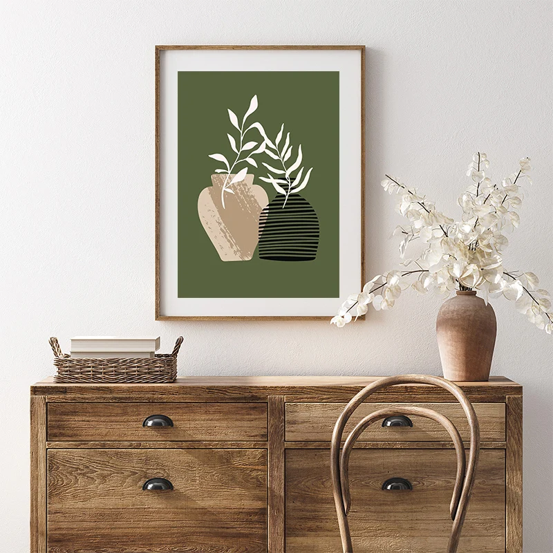 Sage Green Leaf Geometry Line Canvas Painting  Abstract Sun Boho Wall Art Poster and Prints for Living Room Home Wall Decor