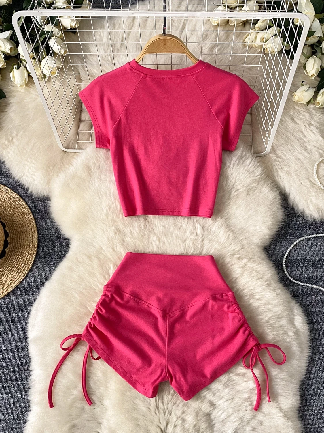 Sexy ort American Casual Sport Yoga Kleidung Set Hohe Taille Zweiteiliges Set Dstring T-shirt Und Orts für Frauen