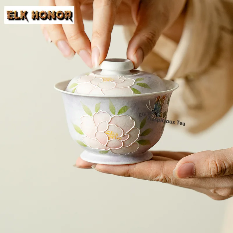 105ml Hand-painted Peony High-footed Gaiwan Handmade Tea Tureen Tea Bowl With Lid Kit Tea Brewing Cover Bowl Drinkware Craft
