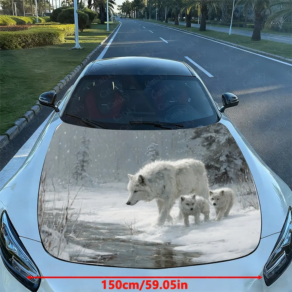Snow White Wolf Family Pattern Pattern Car Hood Decal, Durable Car Vinyl Packaging Suitable For Most Vehicles, Car Hood Protecti