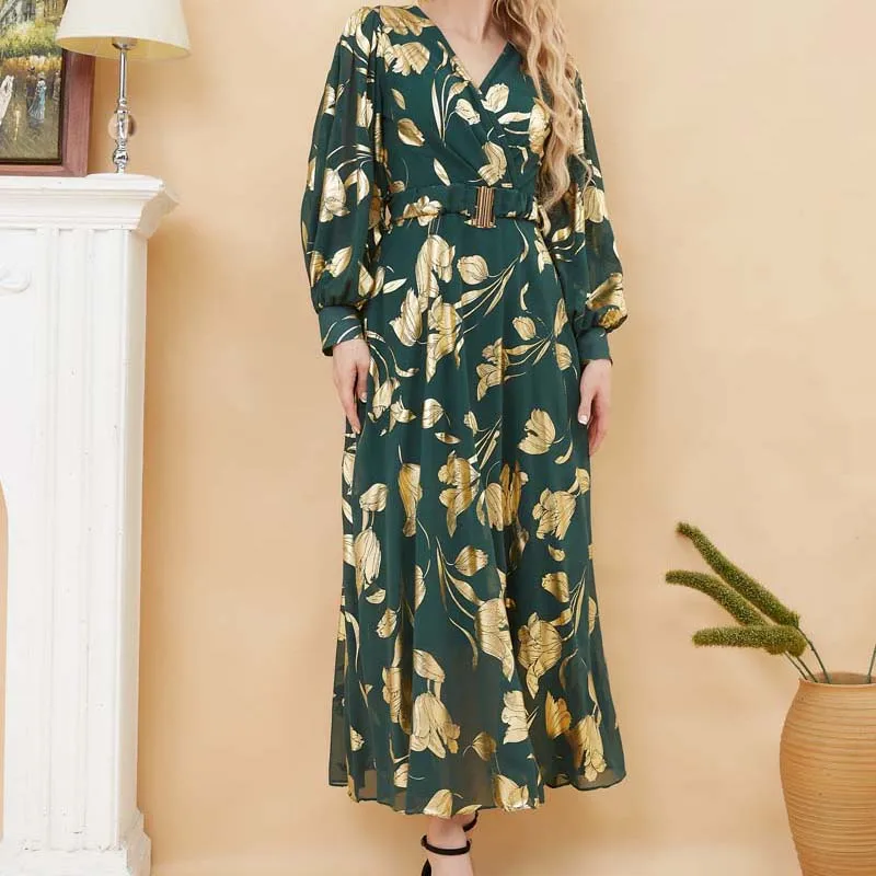 Women Floral Dress Bronzing Retro Muslim Abaya Elegant Maxi Vestidos Islamic Long Dresses for Woman Muslimah Turkey Dubai Robe