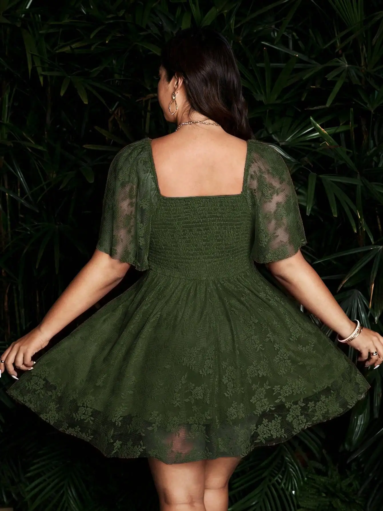 

Plus Size Women Casual Olive Green Lace Dress A-Line Mini