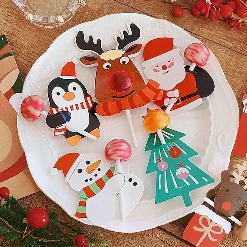 Christmas Lollipop Paper Cards Cartoon Santa Claus Penguin Snowman Kids Candy Gifts Package Wrapping New Year Party Decoration