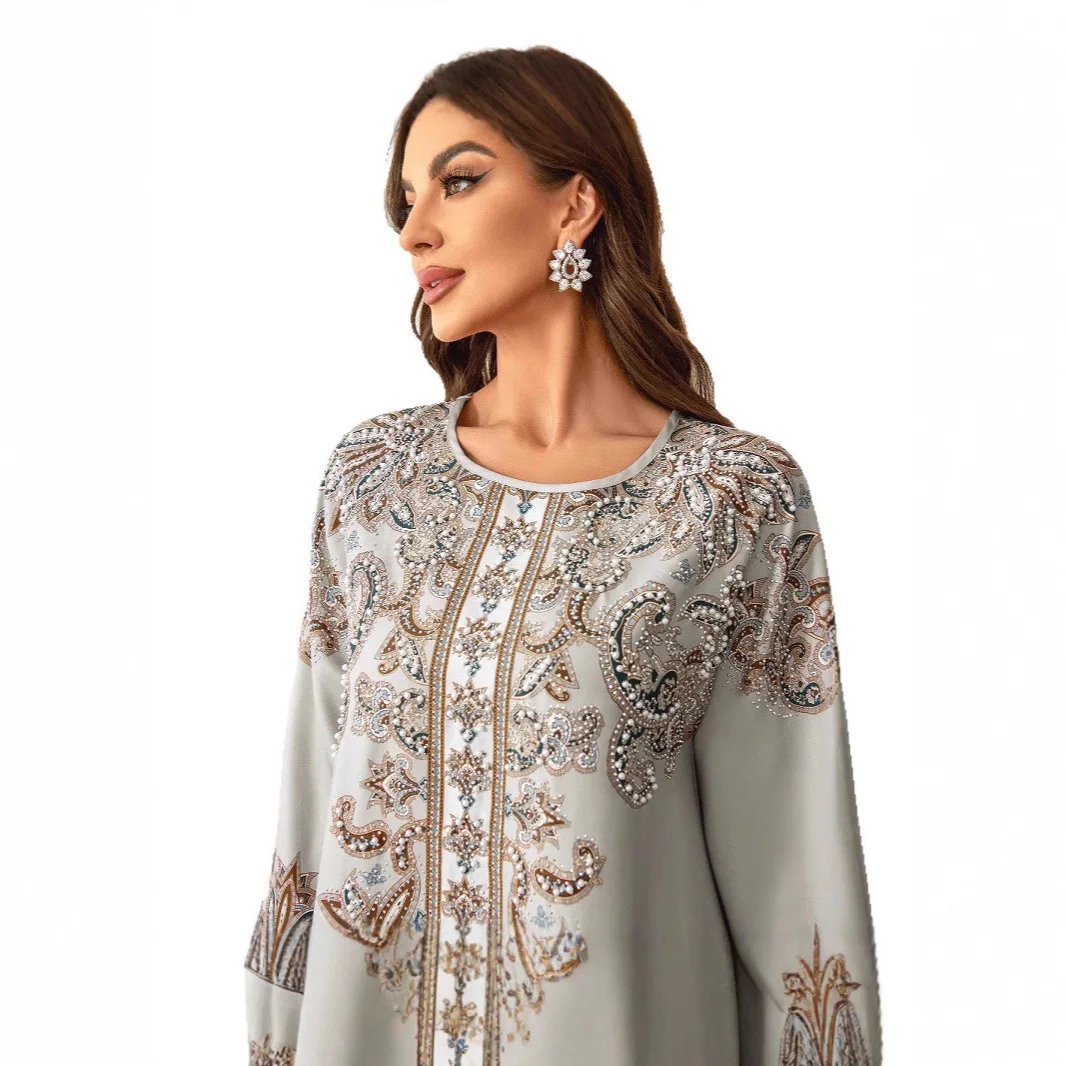 

Трансграничный мусульманский женский халат на Ближнем Востоке с принтом из бисера, платье Абая из Саудовской Абая cw50621