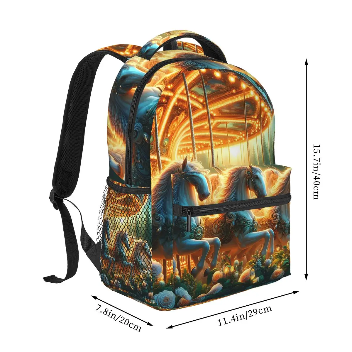 Glowing Horse Carousel With Roses Around Backpack Hot Sale Daypack Large Capacity BookBag School Bag Shoulder Bags for Men Women